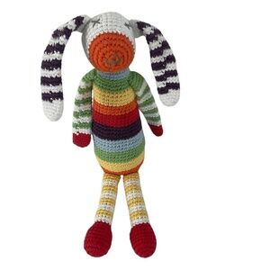 Pebble Handmade Crochet Bunny Rattle Toy Rainbow Stripes  12” Plush Doll